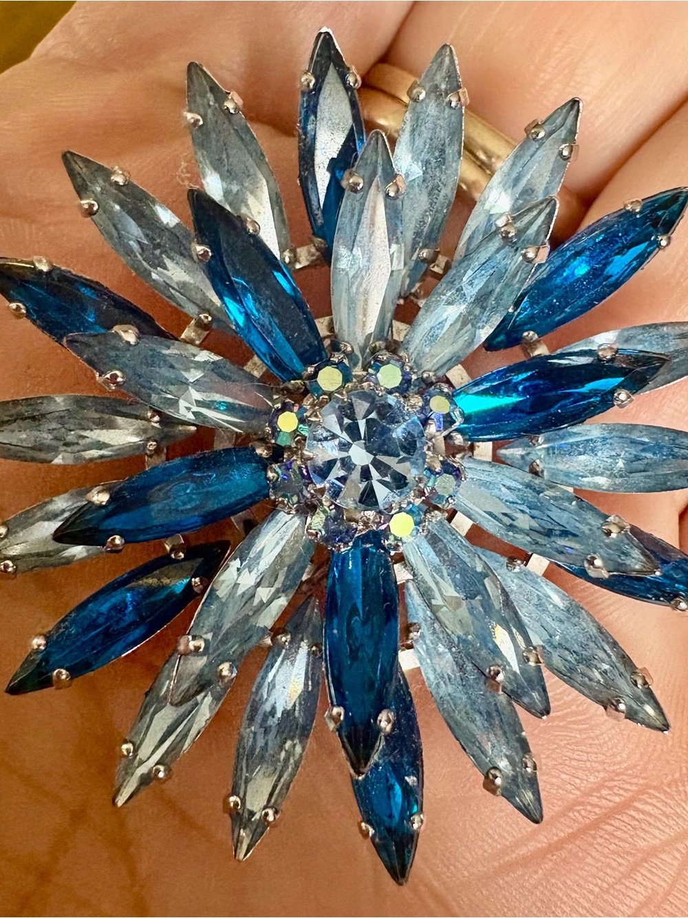 Vintage Blue Crystal Floral Accent Pin